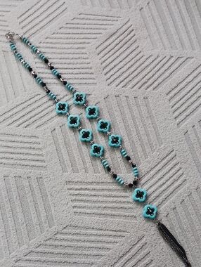 Turquoise and Black Beaded Clover Necklace - Women Jewelry